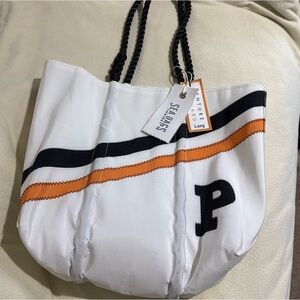 Sea bags of Maine White Tote with Orange and Black Stripes P initial long handle